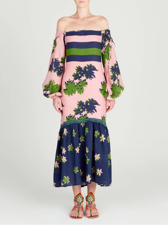 Silvia Tcherassi Dresses & Skirts - Silvia Tcherassi Oristano Off-Shoulder Linen Dress Navy Pink Blossom Floral Midi
